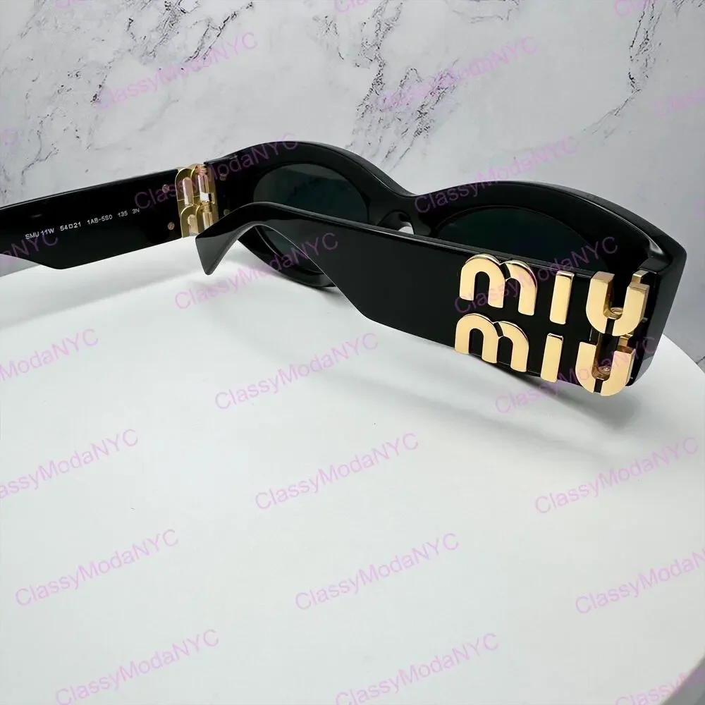 New MIU MIU Sunglasses Black Oval Acetate Gold Metal Logo Authentic Womens